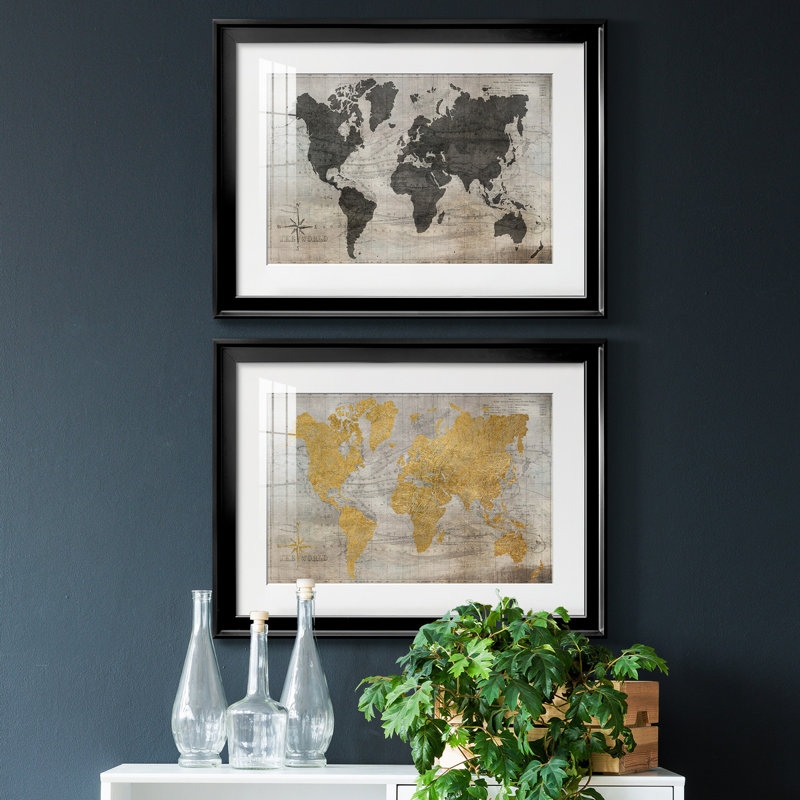 Carte du monde - ensemble de 2 reproductions de cadres photo, H 42,5 po x l 61 po x P 1 po, Cadre noir