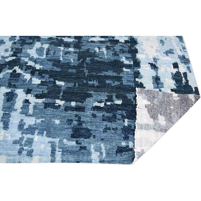 Tapis bleu foncé / gris / ivoire noué à la main de haute qualité, Rectangle 8 pi x 10 pi