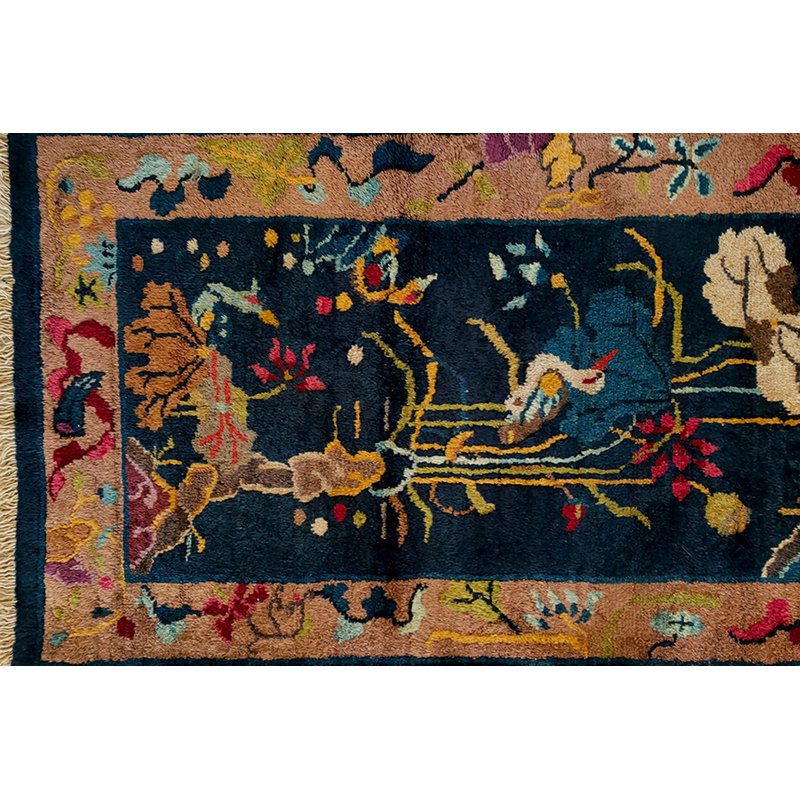 Blue Antique Art Deco Floral Pattern Chinese Hallway Runner Wool Rug