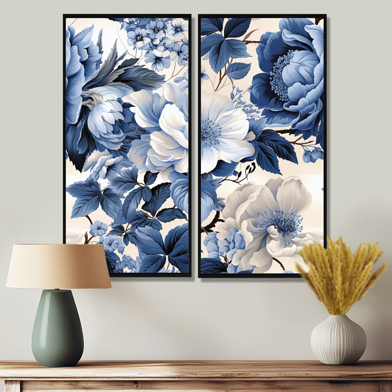 «Blue and White Flower Radiance» - Grandes impressions florales sur toile, 2 pièces, 32" H x 32" W, Noir