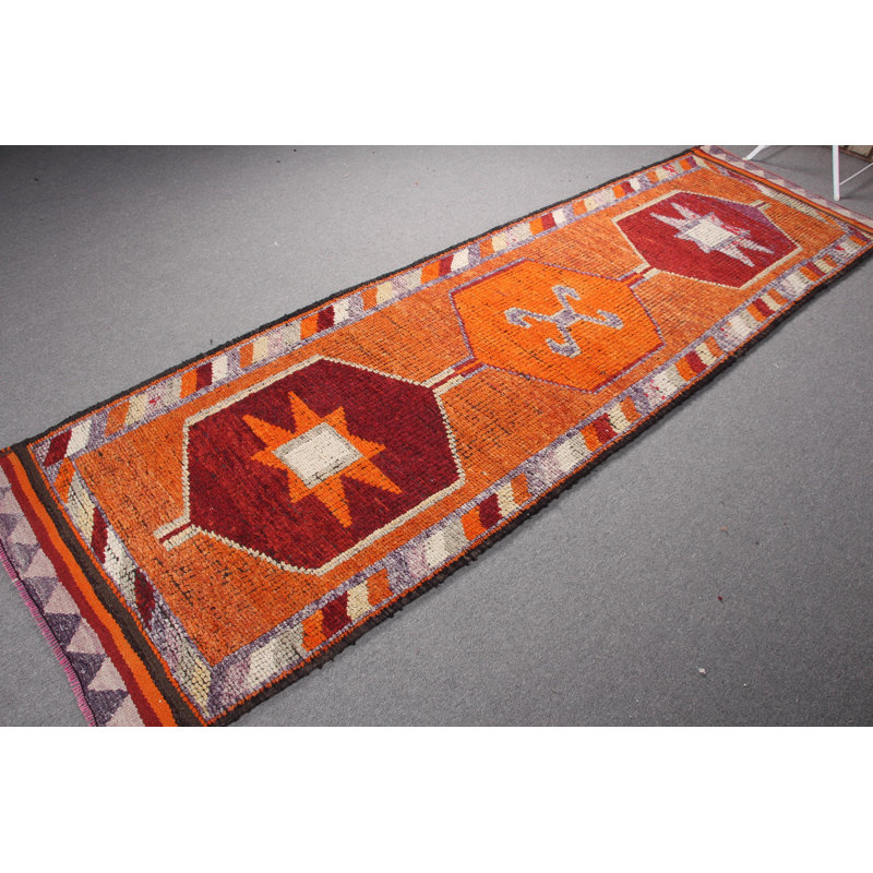 Tapis turc antique en laine avec pampilles de couleur orange vif Herki