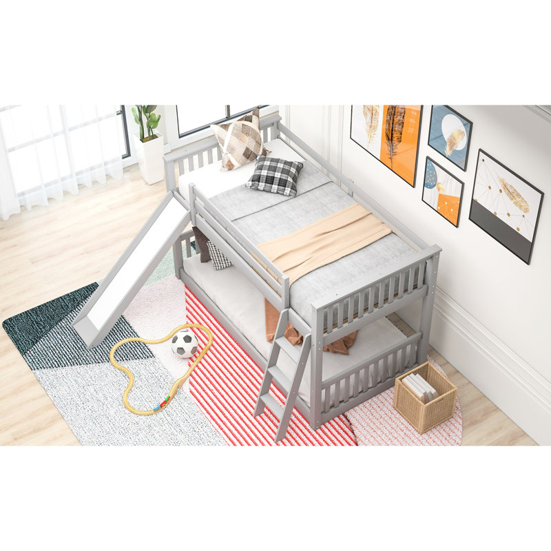 Lit simple superposé gris avec glissière intégrée et réversible, construction, solution pour chambre à coucher, bois, facile à monter, garde-corps pleine longueur, conception peu encombrante, lit en bois de pin, coffre-fort simple à utiliser