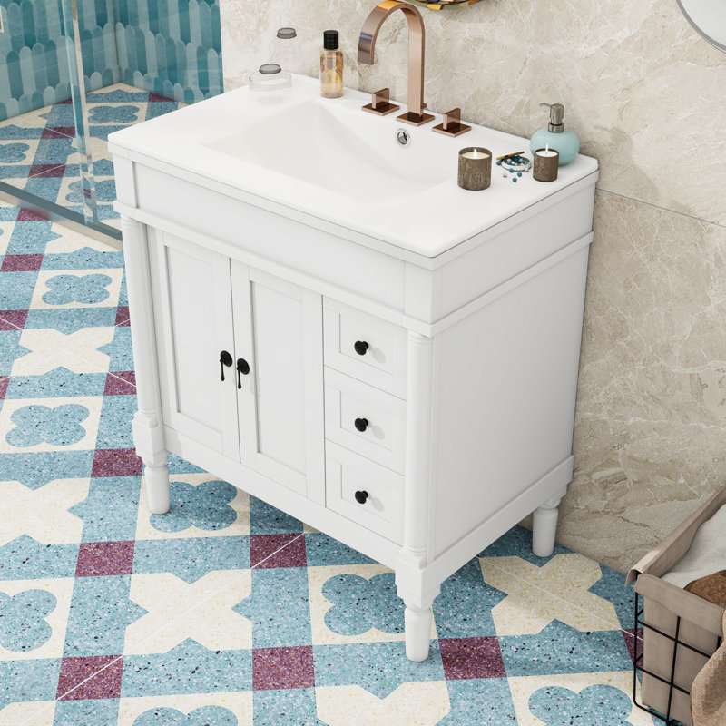 Meuble-lavabo de salle de bain avec lavabo en céramique, portes à fermeture douce, 3 tiroirs et tablette réglable, Blanc