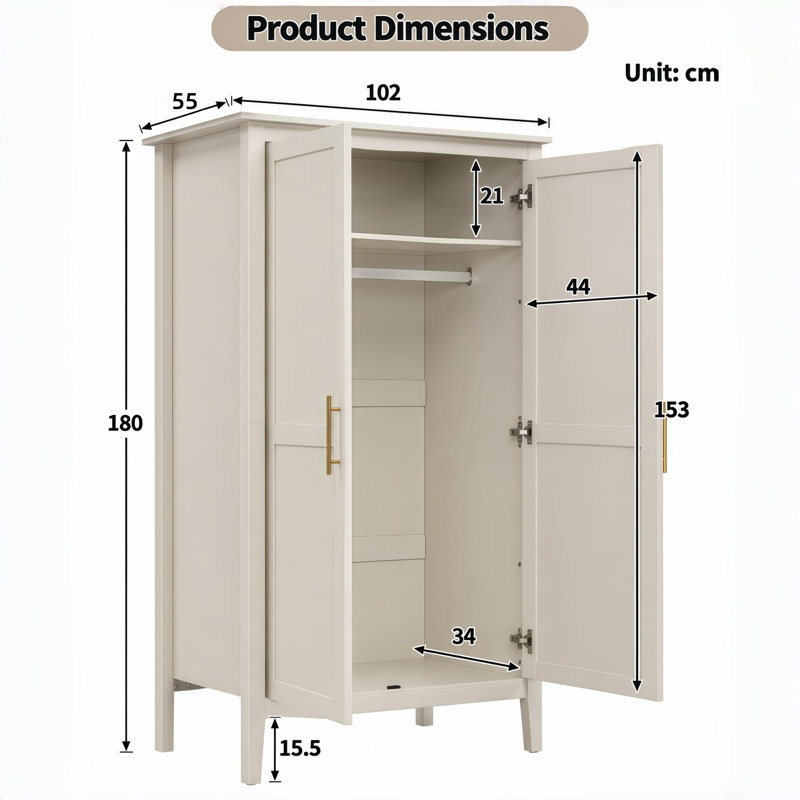 4 Piece Bedroom Furniture Set 2 Door Wardrobe 6 Chest of Drawers 2 Bedside Tables Gold Handles Storage Living Units, Cashmere