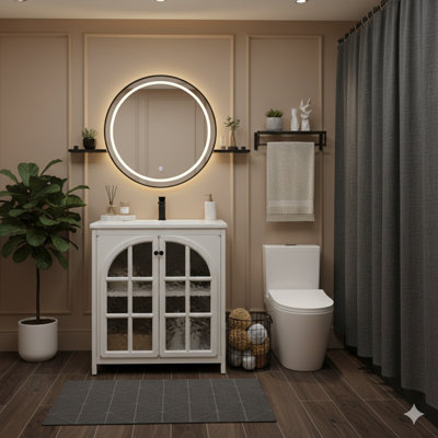 Meuble-lavabo de 30 pouces avec lavabo en céramique, patine artificielle vieillie, armoire de salle de bain rustique rétro avec poignées en bronze et deux portes à fermeture en douceur, finition blanc antique