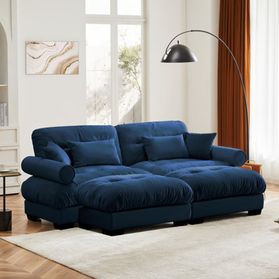 Over Size Modern Two-Seater Sofa With Ottoman, Velvet 2-Seater With Round Bolster Armrests,With Waist Pillow And Throw Pillows,Reading Room , Loft And