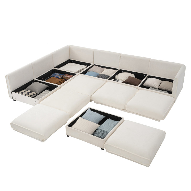 6 modulaires avec compartiments de rangement, chenille blanche, salon modulaire moderne à assise ergonomique,, Blanc