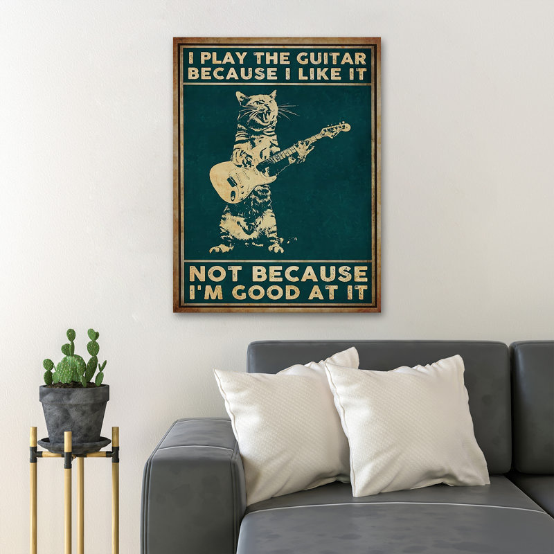 Chat jouant de la guitare - Toile tendue, art textuel, H 36 po x l 24 po x P 2 po