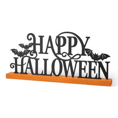 Enseigne de joyeux Halloween en métal et bois 18 po avec chauves-souris 