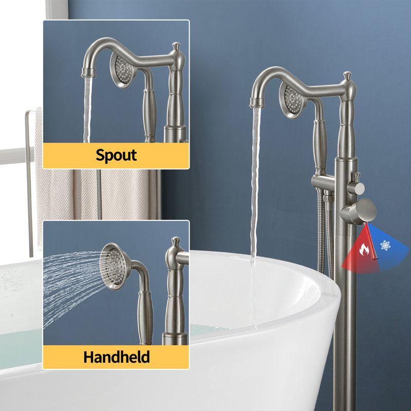 Single Handle Floor Mount Freestanding Tub Faucet Bathtub Filler With Hand Shower, Brushed Nickel