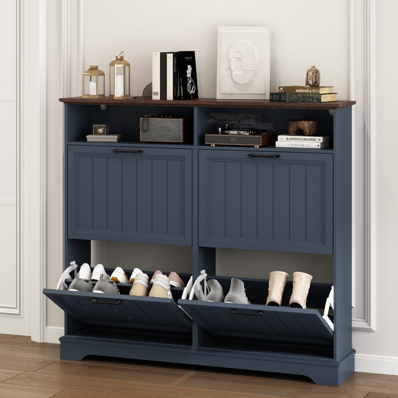 Armoire de rangement pour chaussures 24 paires avec 4 tiroirs rabattables, Marine / Brun