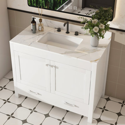 Meuble-lavabo moderne de 43 po avec plateau en marbre artificiel, rangement multifonctionnel et fabrication durable pour des salles de bain élégantes