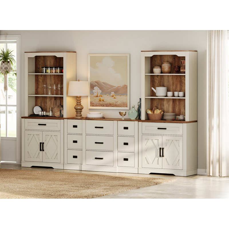 Ensemble de garde-manger de style campagnard 3-en-1 H 73,3 po Glenford - Console centrale incurvée à 9 tiroirs et deux buffets avec bases de porte de grange + 3 tablettes ouvertes, armoire de rangement rustique