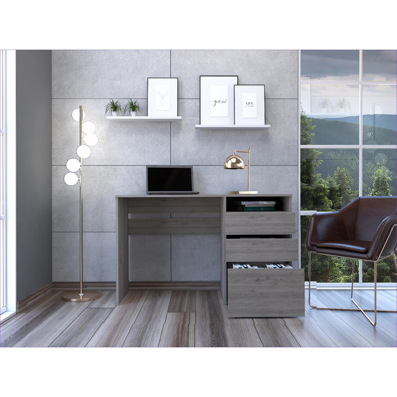 Bureaux: Bureau d'ordinateur moderne à trois tiroirs avec tablette - gris clair | Panneau de particules
