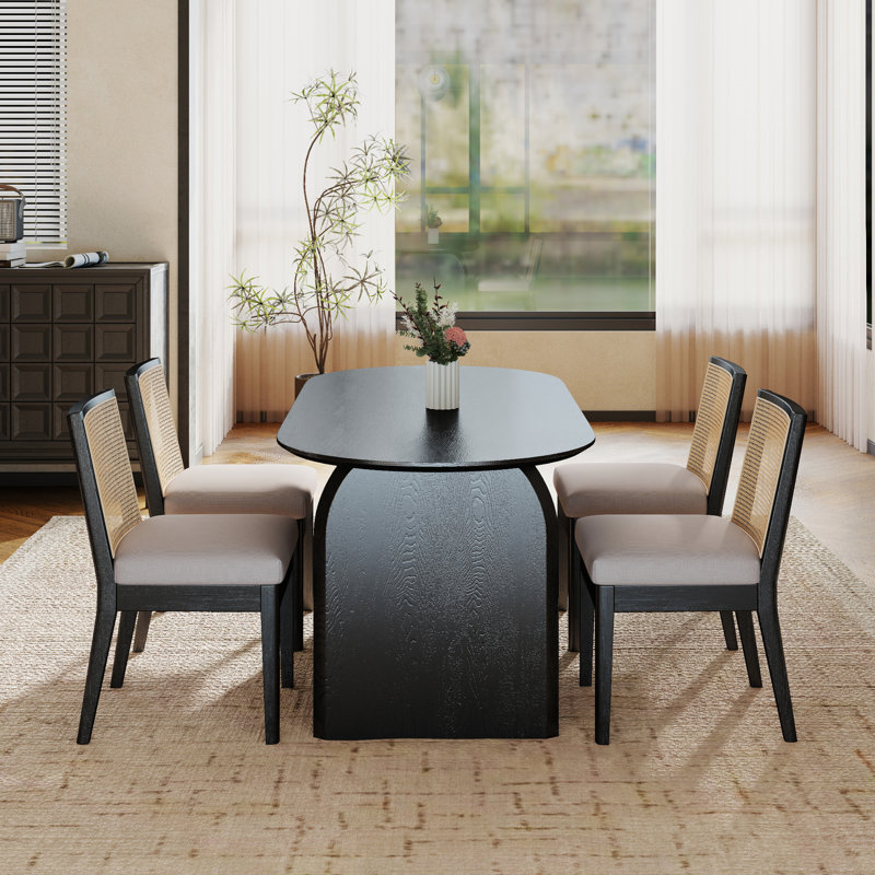 Dining Set Mid-Century Modern Wooden Table & Upholstered Chair Set For Home, Kitchen, Dining Room, Beige/Black, Black