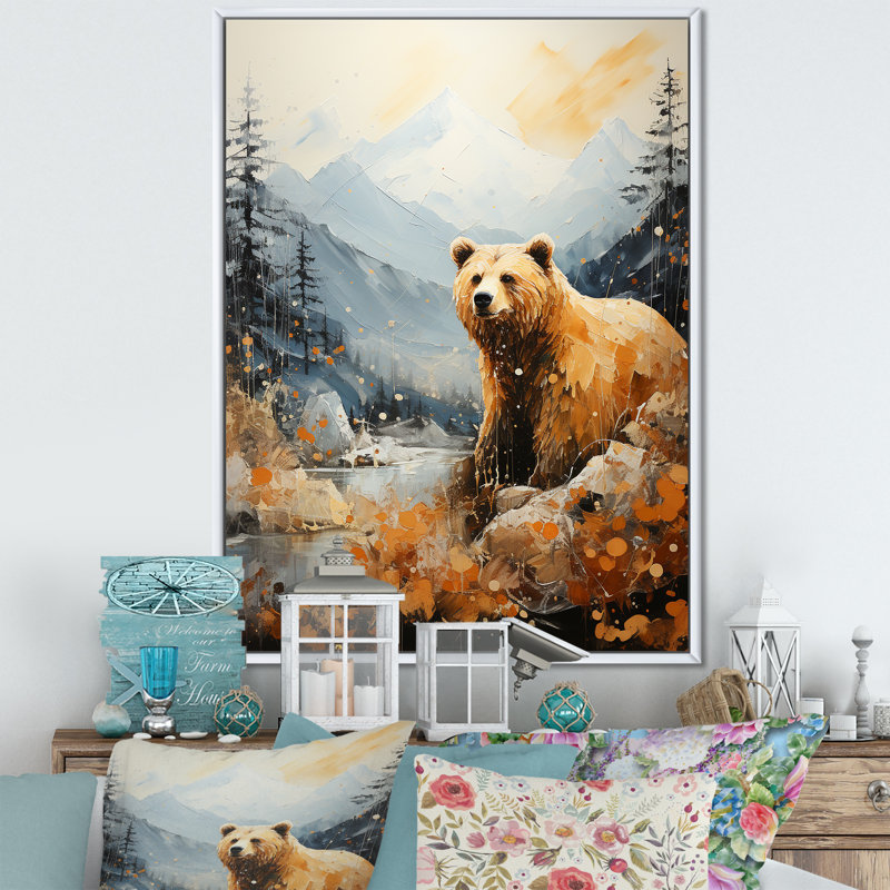 «Majestic Mountain and Bear», reproduction sur toile, Cadre flottant blanc, H 32 po x l 24 po x P 1 po