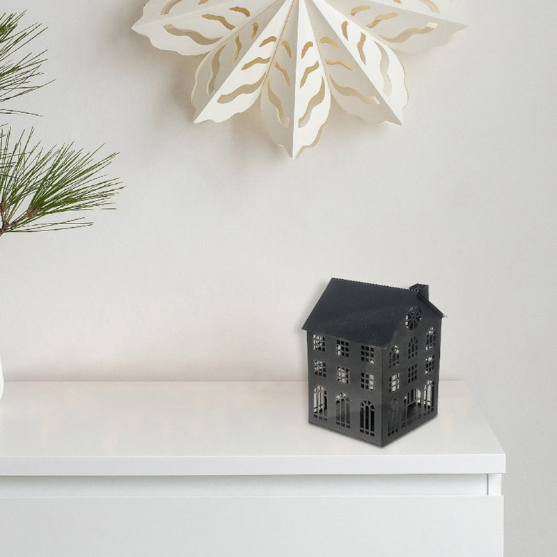 Metal House Tealight Holder (Large), 7" H x 7" W x 9.5" D, Black