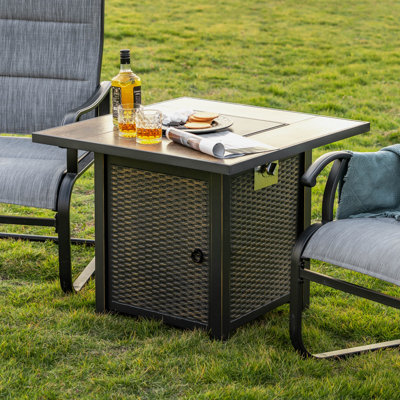30'' Outdoor Patio Fire Pit 40,000 Btu Propane Gas Fire Pit Table with Lid and Lava Rocks, Ceramic Tile Tabletop, Black with Gold-Painted Edge