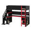 Lit mezzanine simple en bois à des fins de jeu, comprenant des escaliers pour le rangement, un bureau intégré, des tablettes et un panneau perforé-603650905-603650911