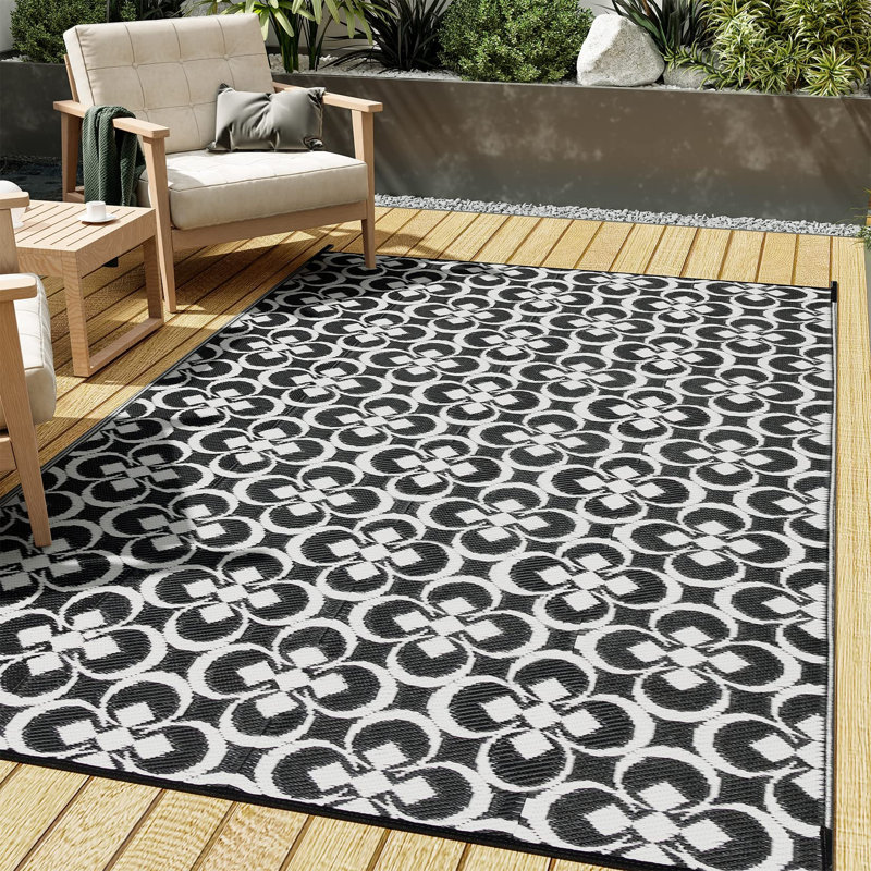 Tapis extérieur géométrique à motif floral, Noir, Rectangle 9 pi x 12 pi