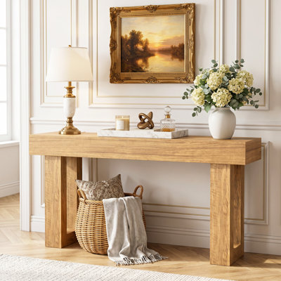 63" Long Wooden Console Table with Power Outlets & Sensor Light,Industrial Farmhouse Entryway Table for Living Room,Sofa Table Behind Couch,Hallway & Foyer
