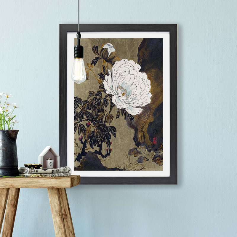 A Peony Flower by Shibata Zeshin - Framed Print, 33cm H x 45cm W x 2cm D, Black Framed
