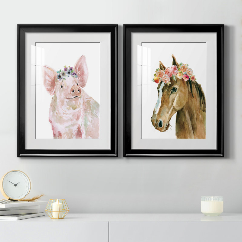 Cochon couronne de fleurs - ensemble de 2 peintures, H 18,5 po x l 49 po x P 1,5 po, H 31,5 po x l 47 po x P 1,5 po, Blanc