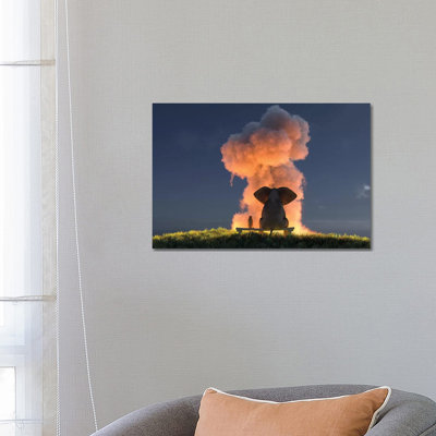 Reproduction d’art sur toile « Elephant and Dog look at the Big Pink Cloud » par Mike Kiev
