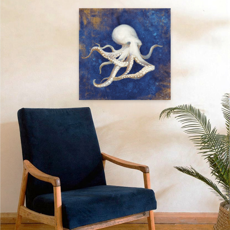 Trésors de la mer, art indigo contemporain, pieuvre, H 24 po x l 24 po