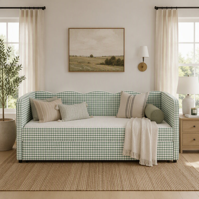 Lit de jour simple Gingham avec lit gigogne convertible 3-en-1, Cyan
