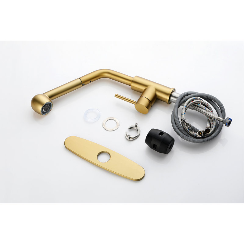Robinet d'évier de cuisine à poignée simple en or brossé avec douchette extractible - 360 tours, deux réglages de débit d'eau pour diverses applications, finition rouille et corrosion, conception simple, poignée en acier inoxydable