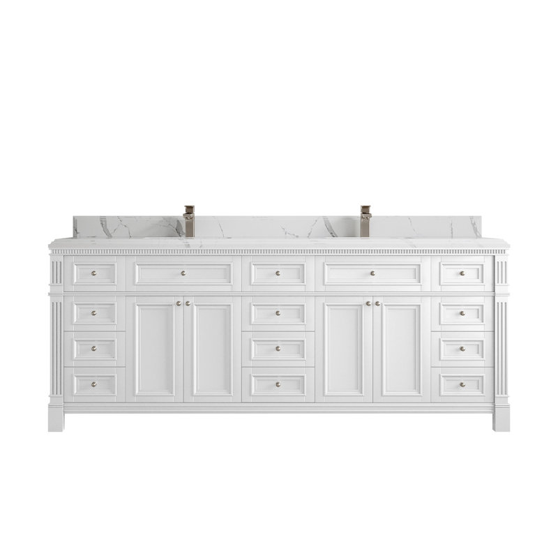 Paris 84 In. W X 22 In. D Double Sink Bathroom Vanity In White With Cove Edge, 1.5 IN Calacatta Laza