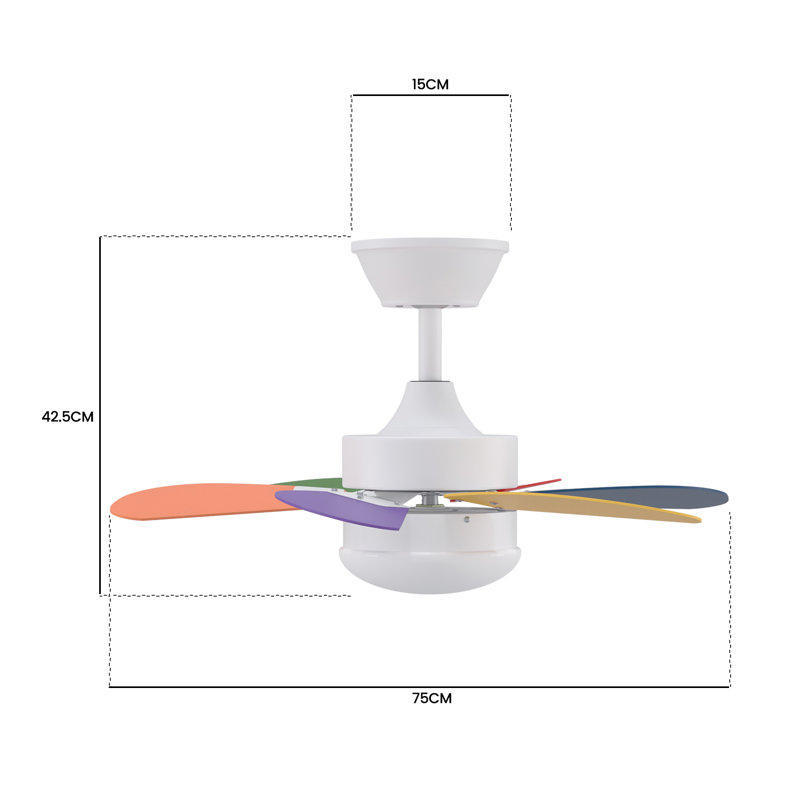 Alisha-Ann 75cm Ceiling Fan with Light Kit, White with Multicolour Blades
