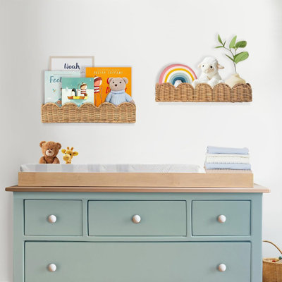 Ensemble de 2 étagères pour livres pour chambre de bébé - étagère à livres festonnée en rotin naturel artisanal pour chambres d'enfants, l 15,8 po, bibliothèque murale en osier mignonne murale flottante tissée à la main, décoration pour bébé Boho