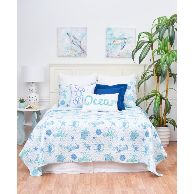 King Blue Reversible Microfiber Coastal Quilt Set
