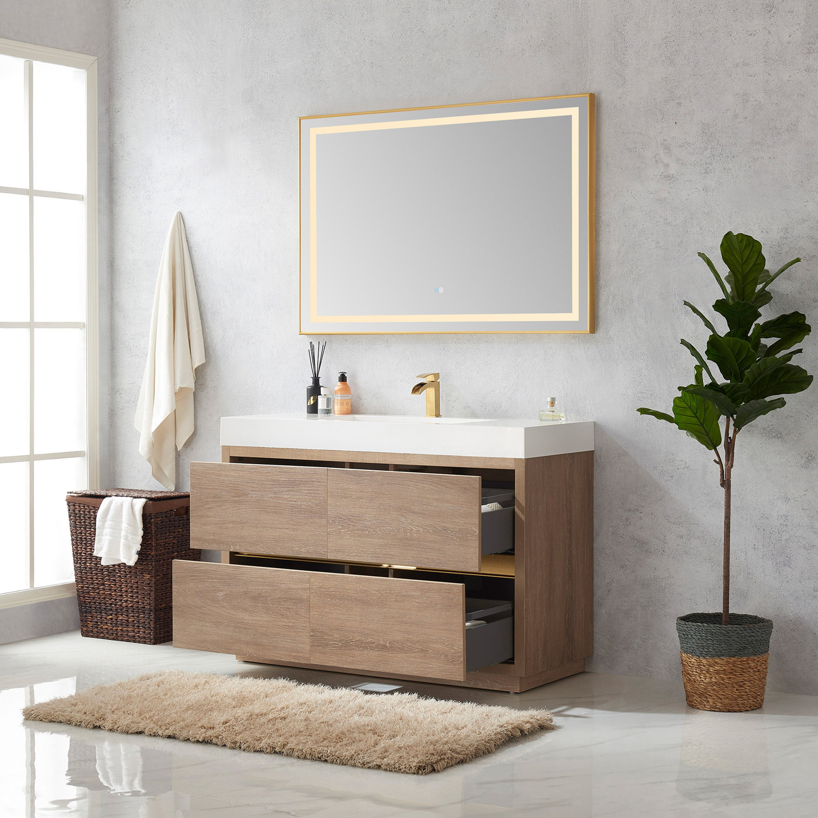 Beira 48'' Single Bathroom Vanity, North American Oak, White