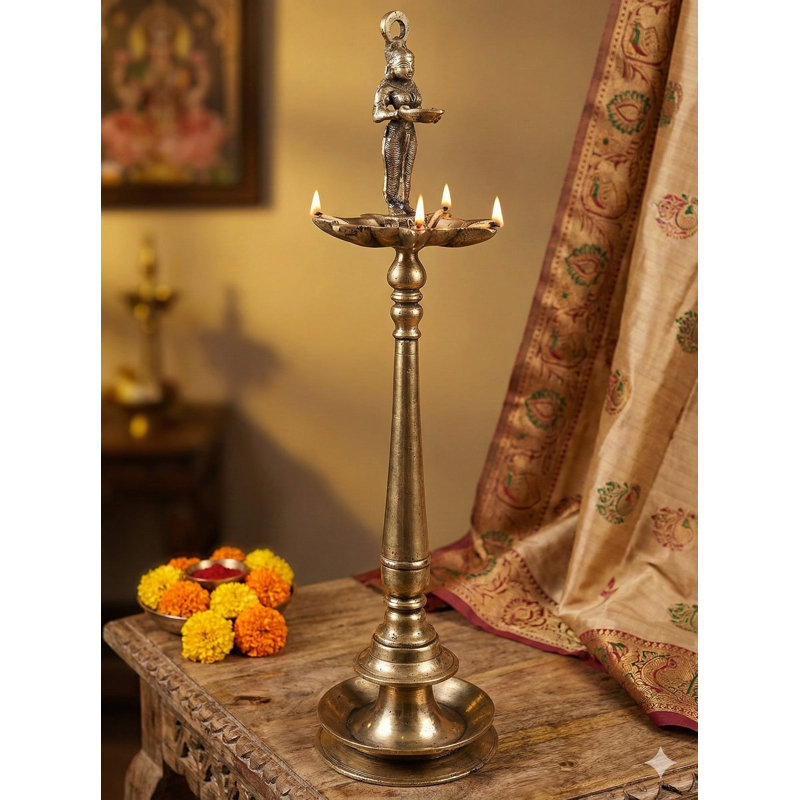 24-Inch Handcrafted Brass Deepalakshmi Lamp, 7-Wick Traditional Indian Goddess Diya for Altar & Home Decor