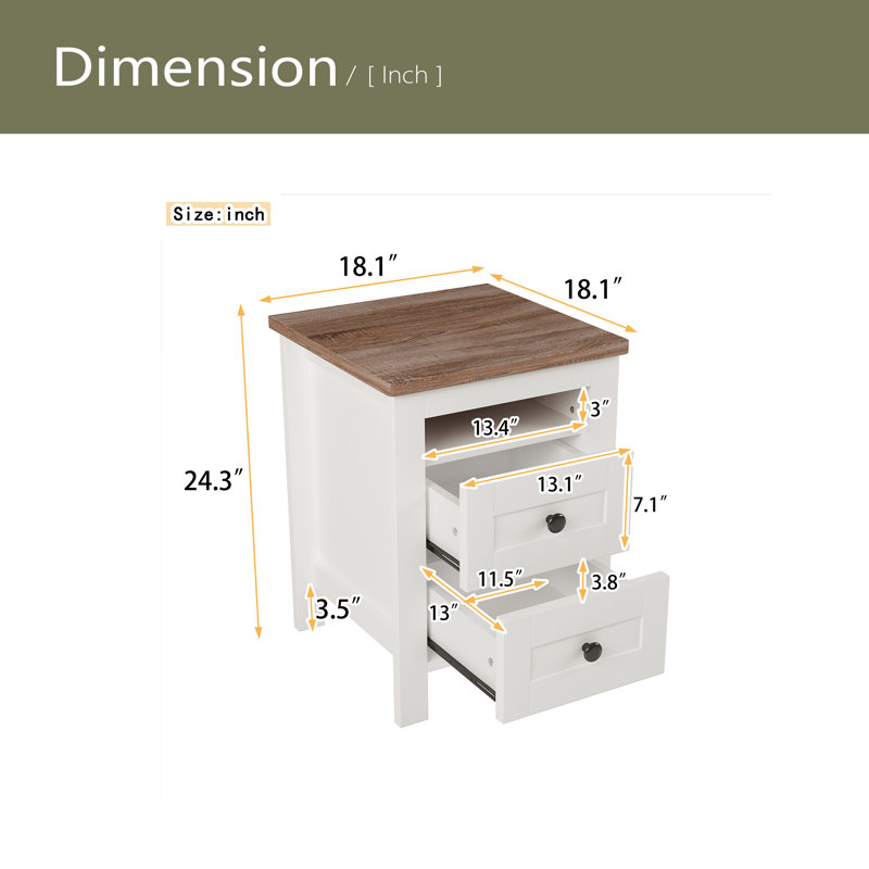 2-Drawer Farmhouse Wooden Nightstand With Well-Proportioned Design And Sleek Lines, White/Brown