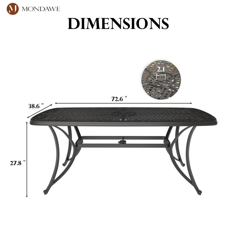 72.6'' W Rectangular Cast Aluminum Outdoor Dining Table with Lattice Top and 2'' Umbrella Hole