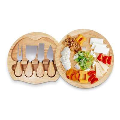 TtAk HOUSEWARE Kerynn Round Bamboo Cheese Board Knife Set | Round Charcuterie Board Set 4 Knifes| Cheese Board Set Slide-Out Drawer Entertaining Durable Elegant Design Wine Cheese Night House Warming Gifts