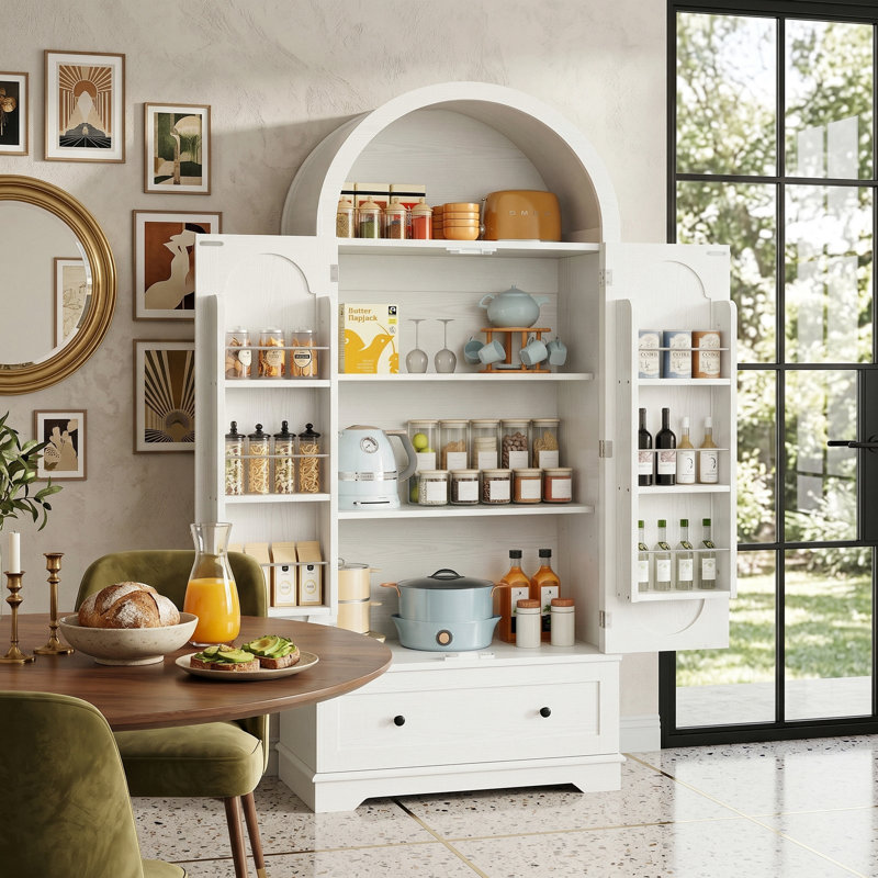 Armoire de cuisine arquée avec tablettes réglables et tiroir, bois