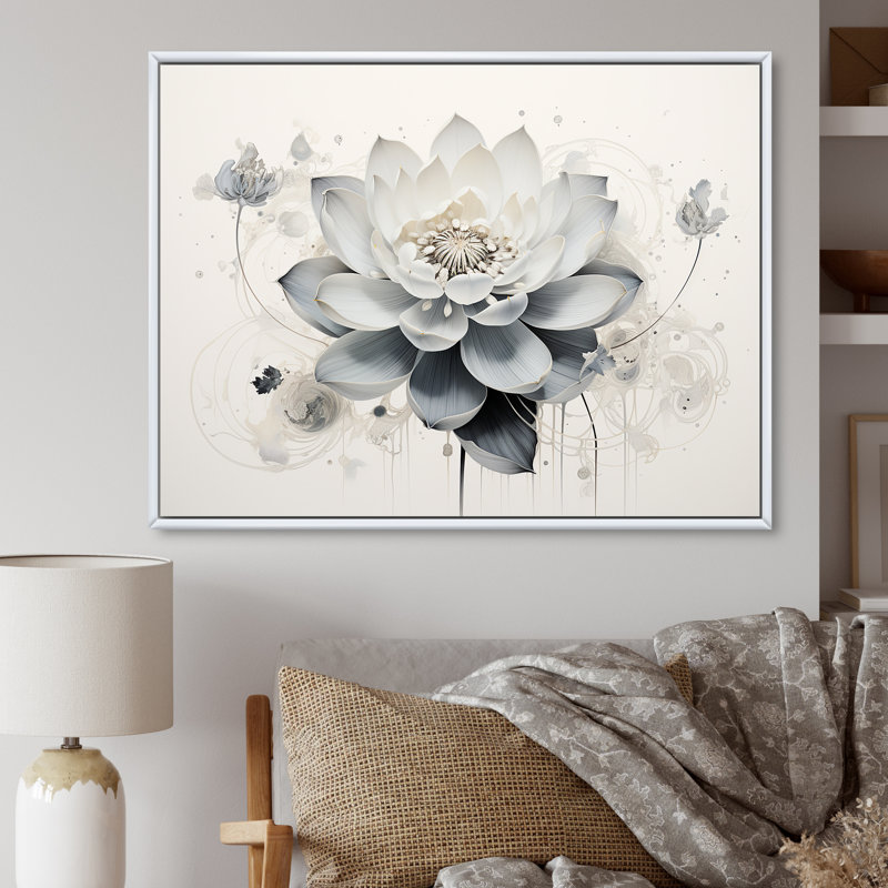 Serenity Blossum Blue Lotus sur toile, Cadre flottant blanc, H 34 po x l 44 po x P 1,5 po