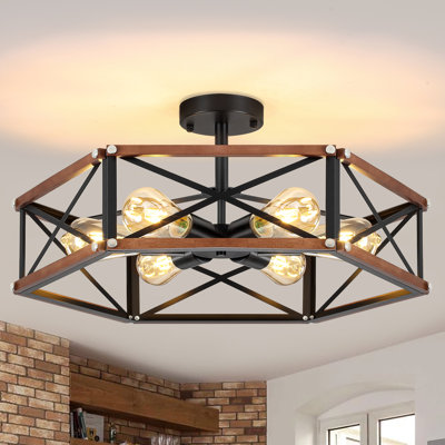 6 - Light Rustic Farmhouse Metal & Wood Geometric Semi-Flush Mount Ceiling Light