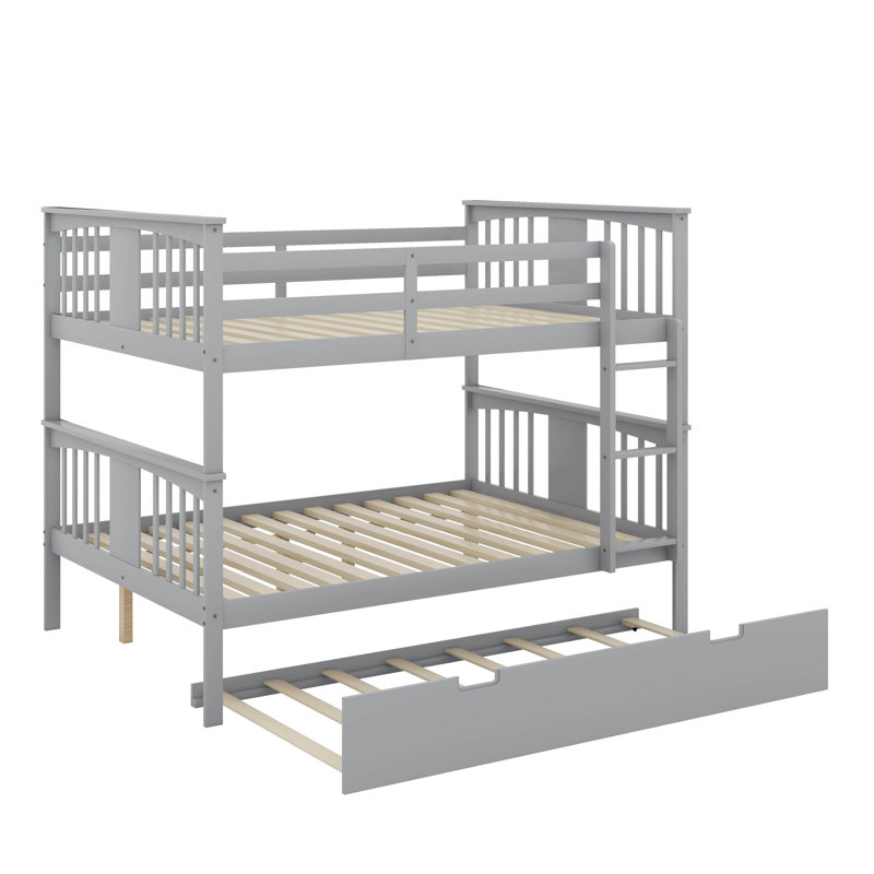 Full Over Full Bunk Bed With Twin Size Trundle And Ladder, Gray