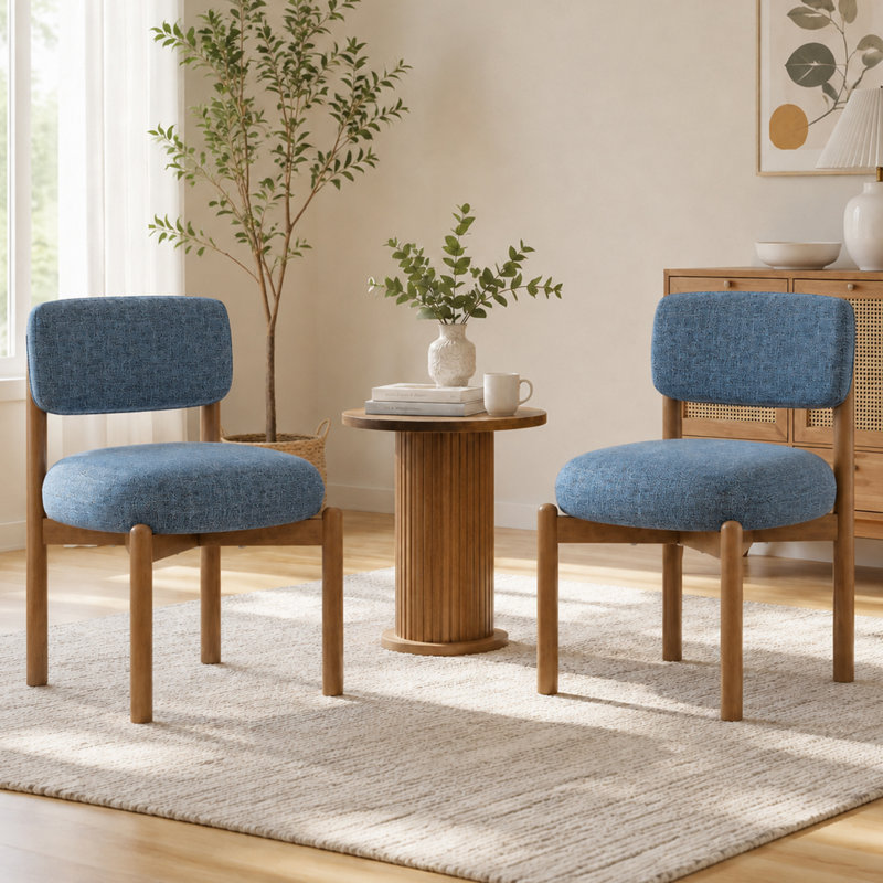 Modern Wooden Blended Linen Blue Dining Chair, Blue