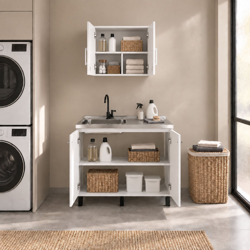 Ensemble d'armoires de cuisine en bois manufacturé moderne Alabama avec base d'évier et armoire murale, blanc, Blanc