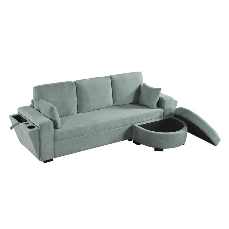 Canapé d'angle avec pouf de rangement, ports USB et porte-gobelets, Chenille bleu-vert
