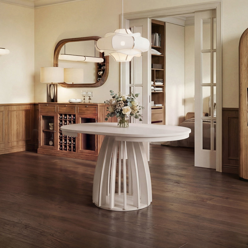 Extendable Round Dining Table, Beige, Beige