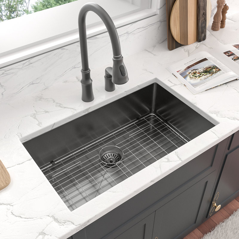 30'' L x 18" W Undermount Single Bowl Stainless Steel Kitchen Sink with Sink Grid and Basket Strainer, GunMetal Black