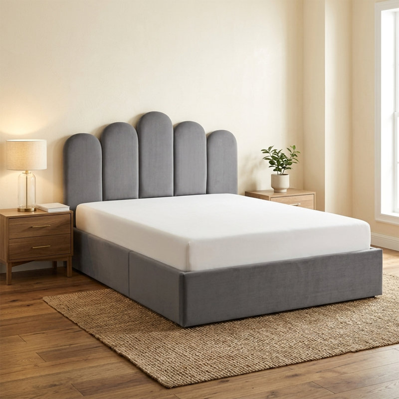 Lit plateforme tapissier Petal Palm, Double, Gris